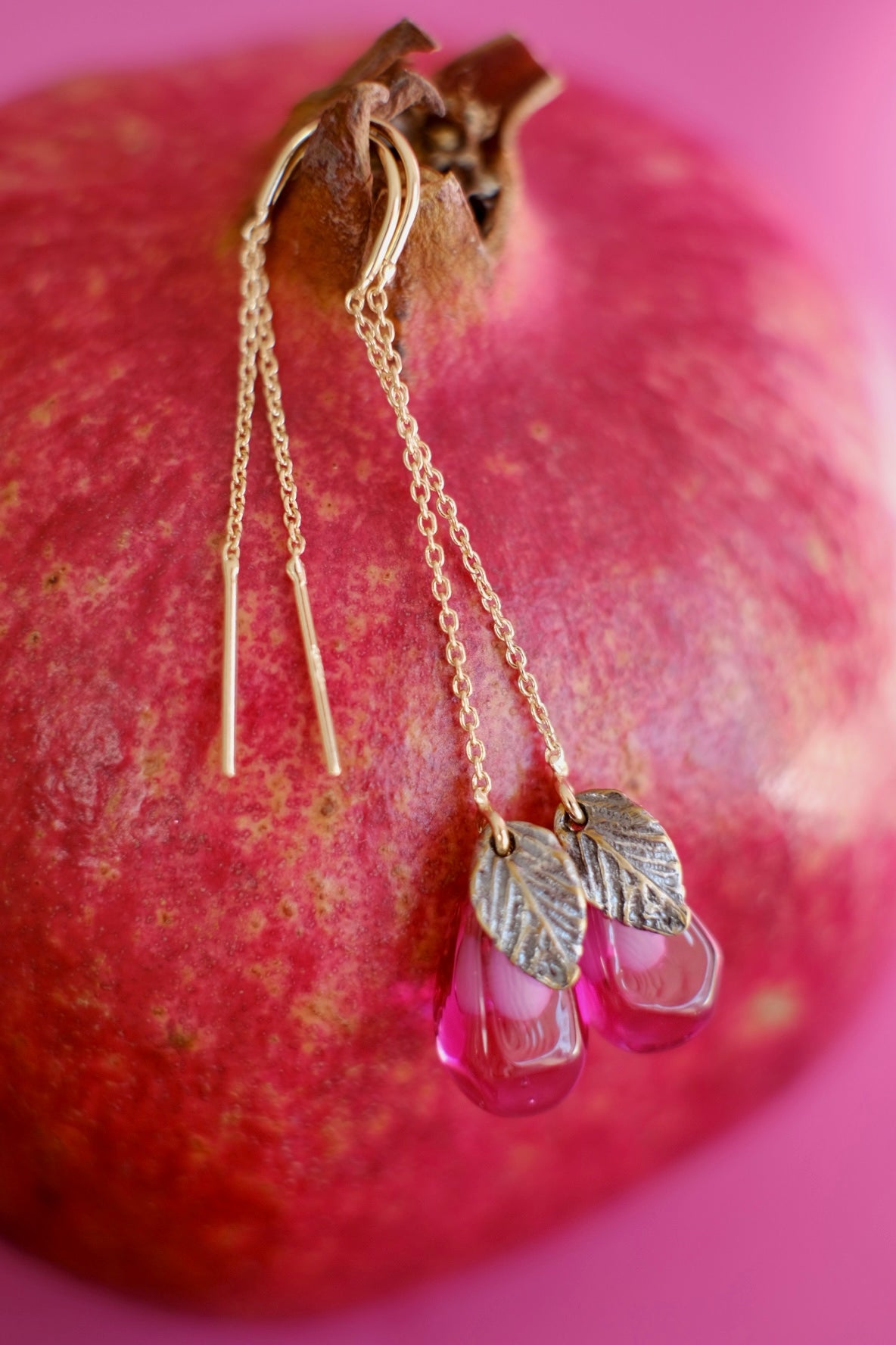 Lampwork murano glass pomegranate seed chain earrings (pink glass)