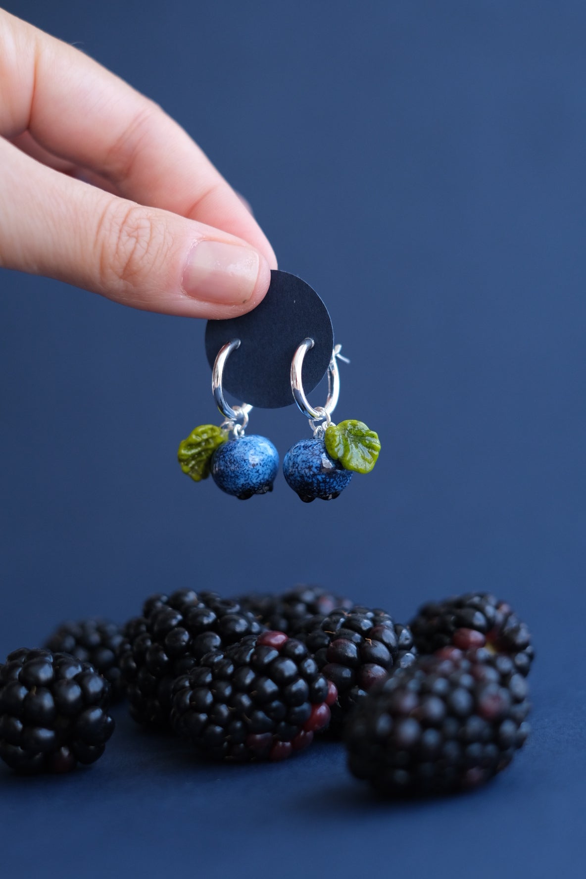 Lampwork glass blueberry hoop earrings