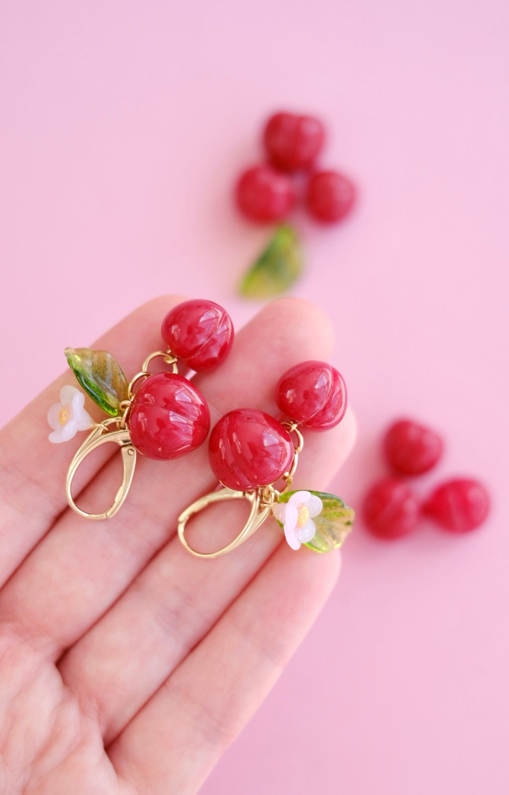 Lampwork glass cherry earrings