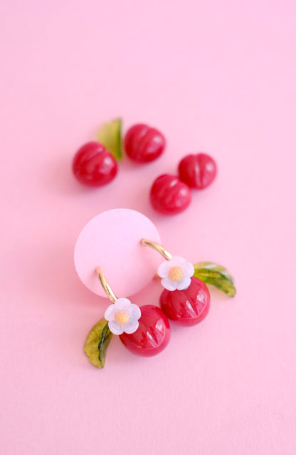 Lampwork glass cherry hoop earrings