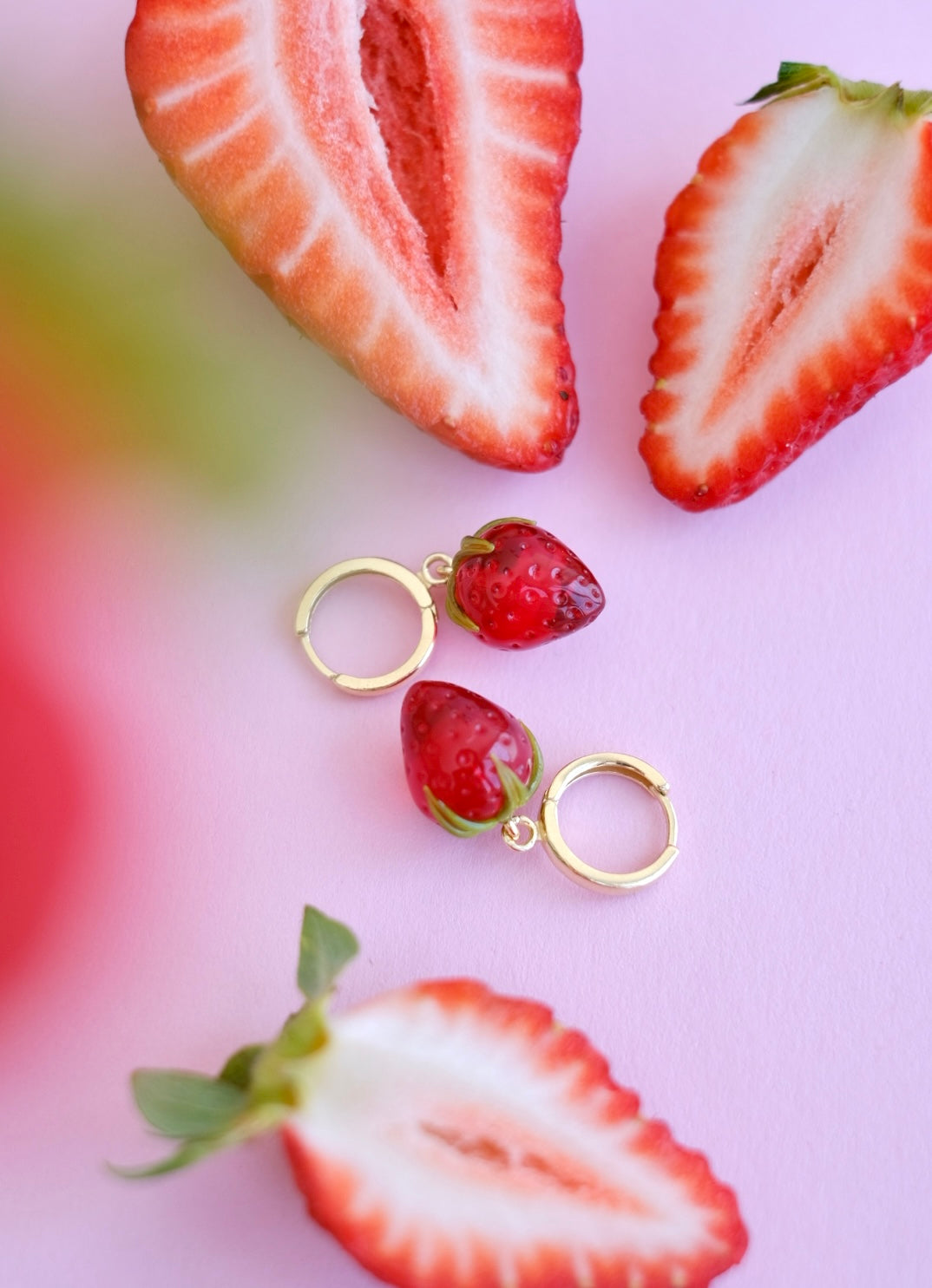 Lampwork glass strawberry hoop earrings