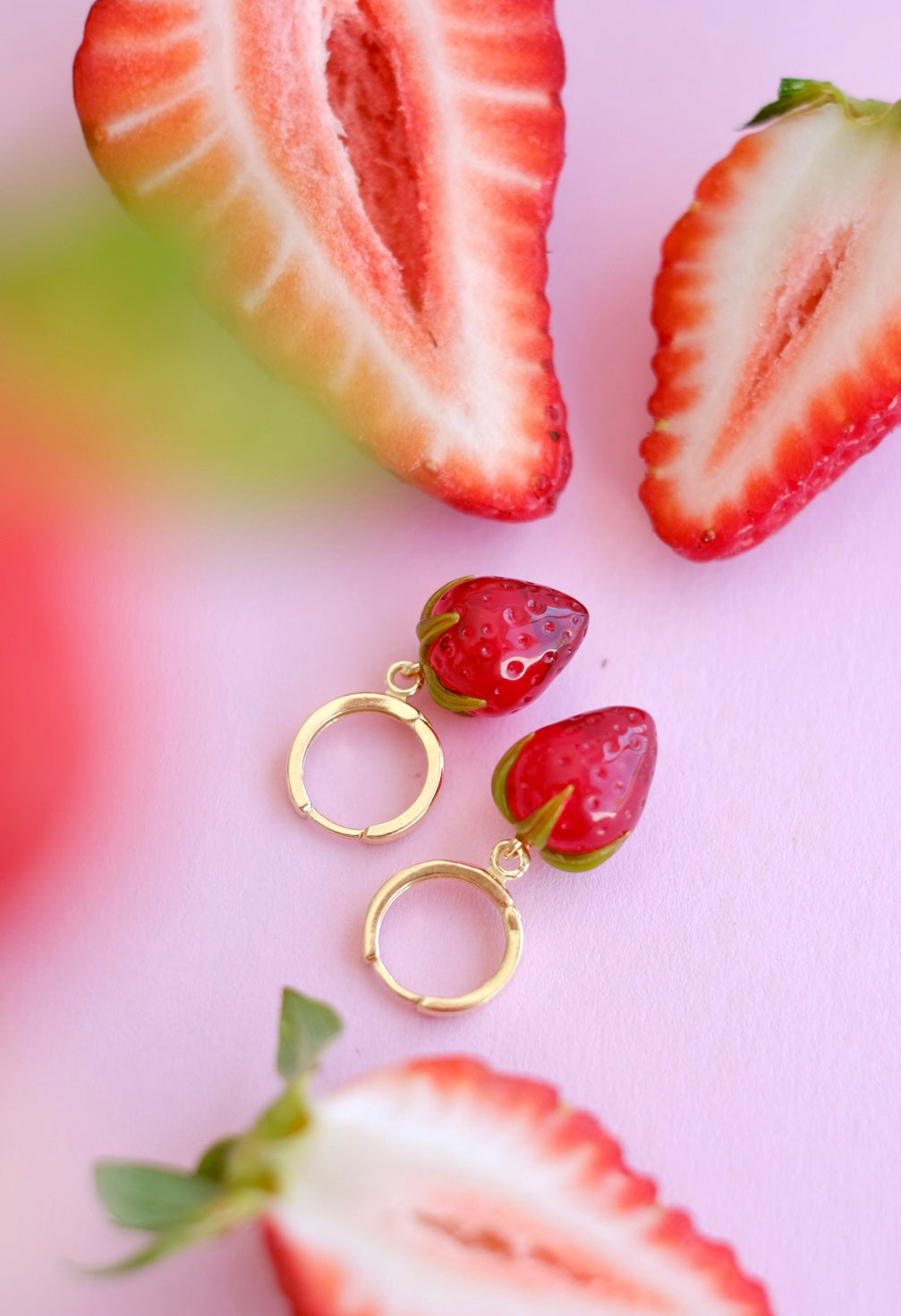 Lampwork glass strawberry hoop earrings