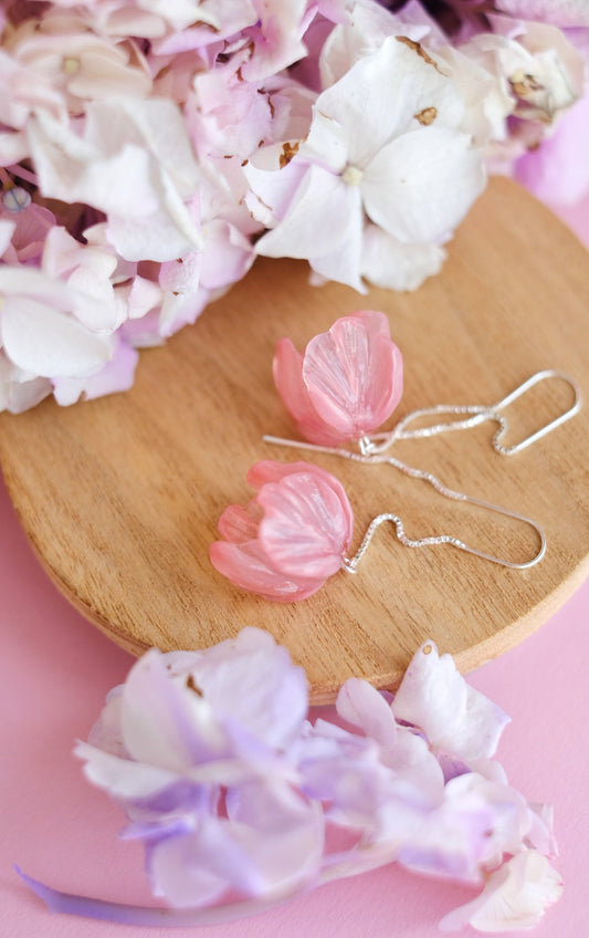 Lampwork glass pink floral earrings