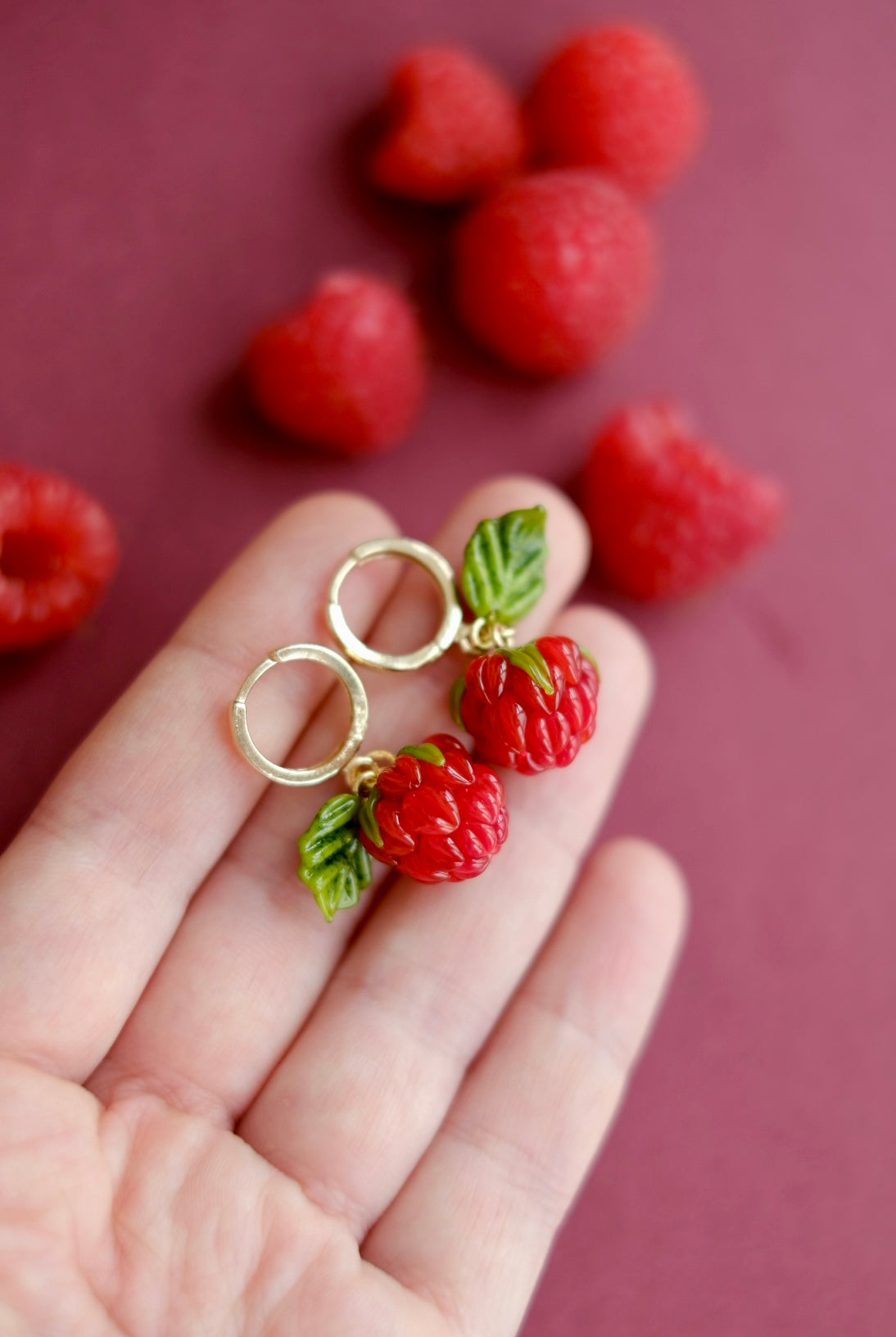 Murano glass raspberry hoop earrings