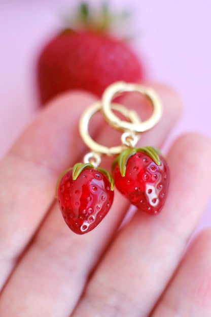 Lampwork glass strawberry hoop earrings