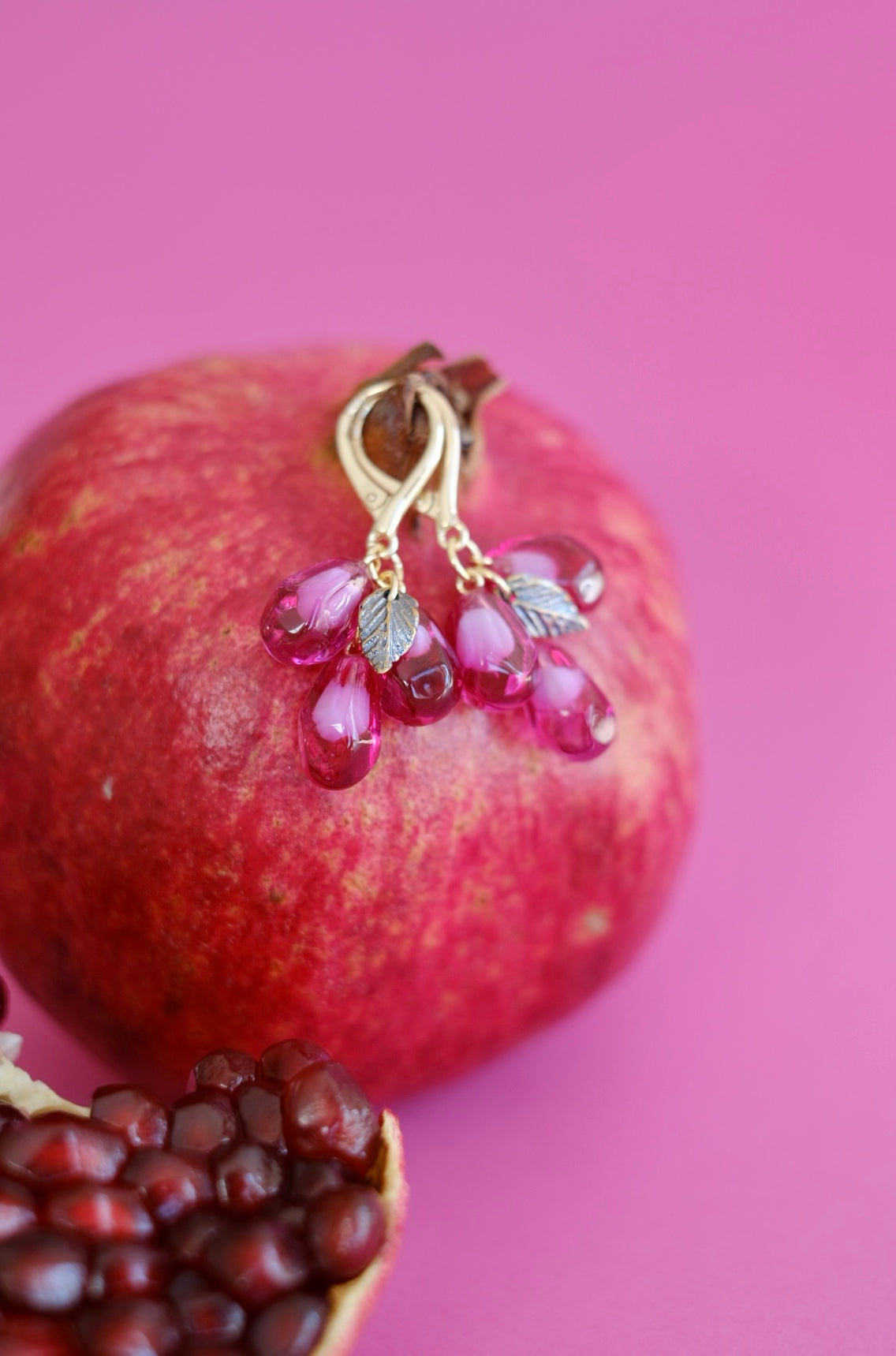 Lampwork murano glass pomegranate seed earrings (pink glass)