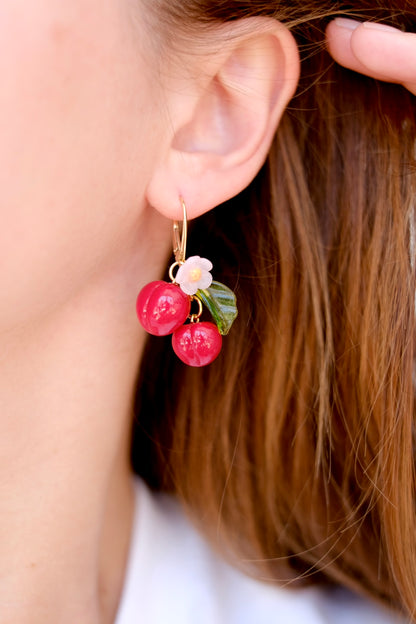 Lampwork glass cherry earrings
