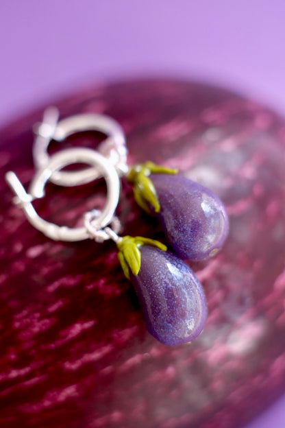 Lampwork glass eggplant hoop earrings
