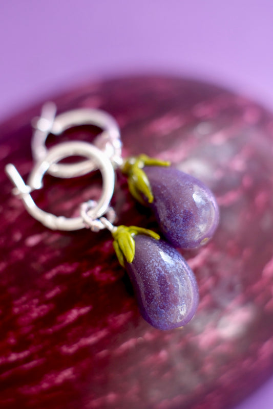 Lampwork glass eggplant hoop earrings