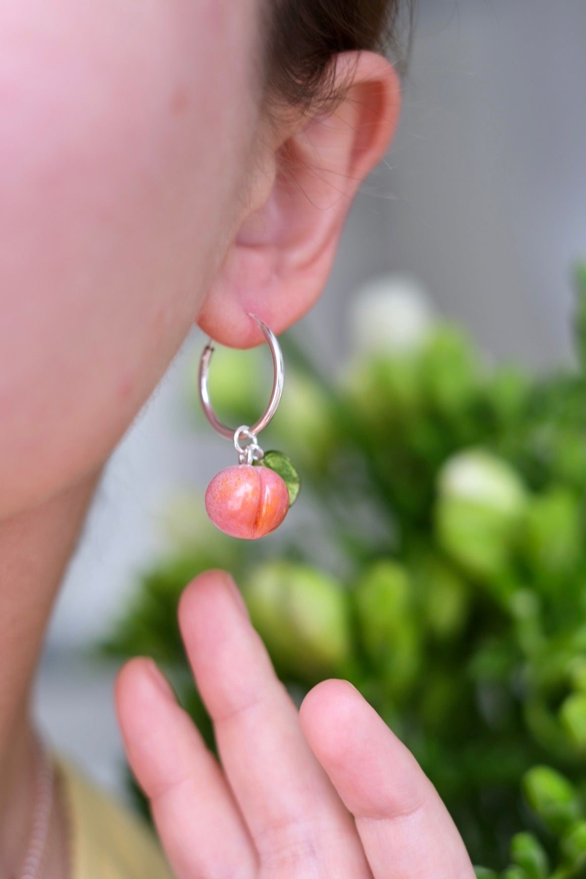 Lampwork glass peach earrings on silver hoops