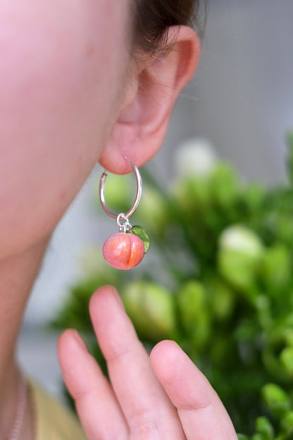 Lampwork glass peach earrings on silver hoops