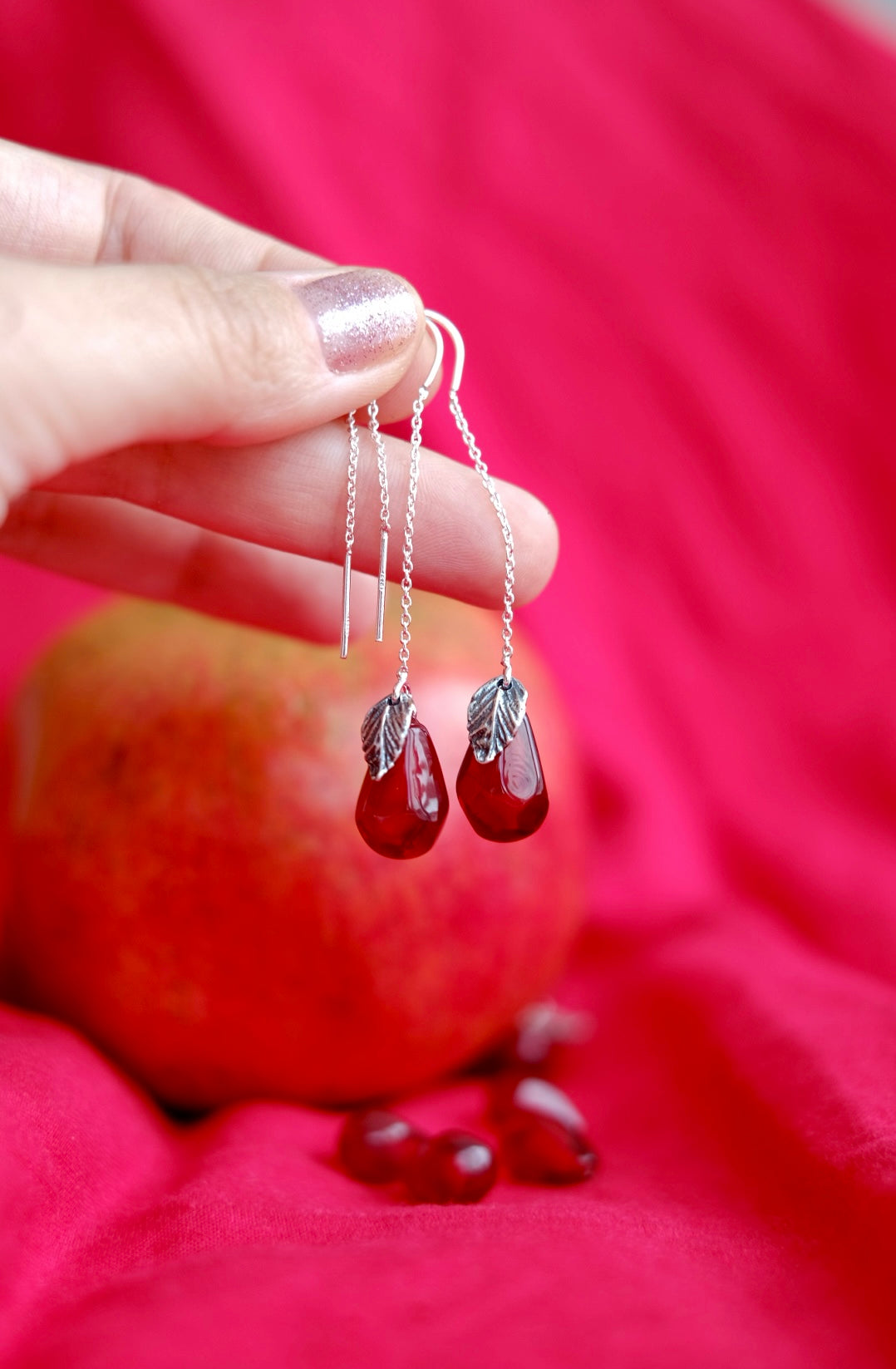 Lampwork murano glass pomegranate seed chain earrings
