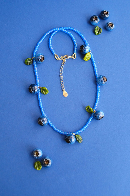 Lampwork glass blueberry beaded necklace