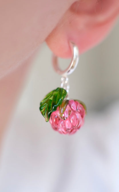 Murano glass pink raspberry hoop earrings