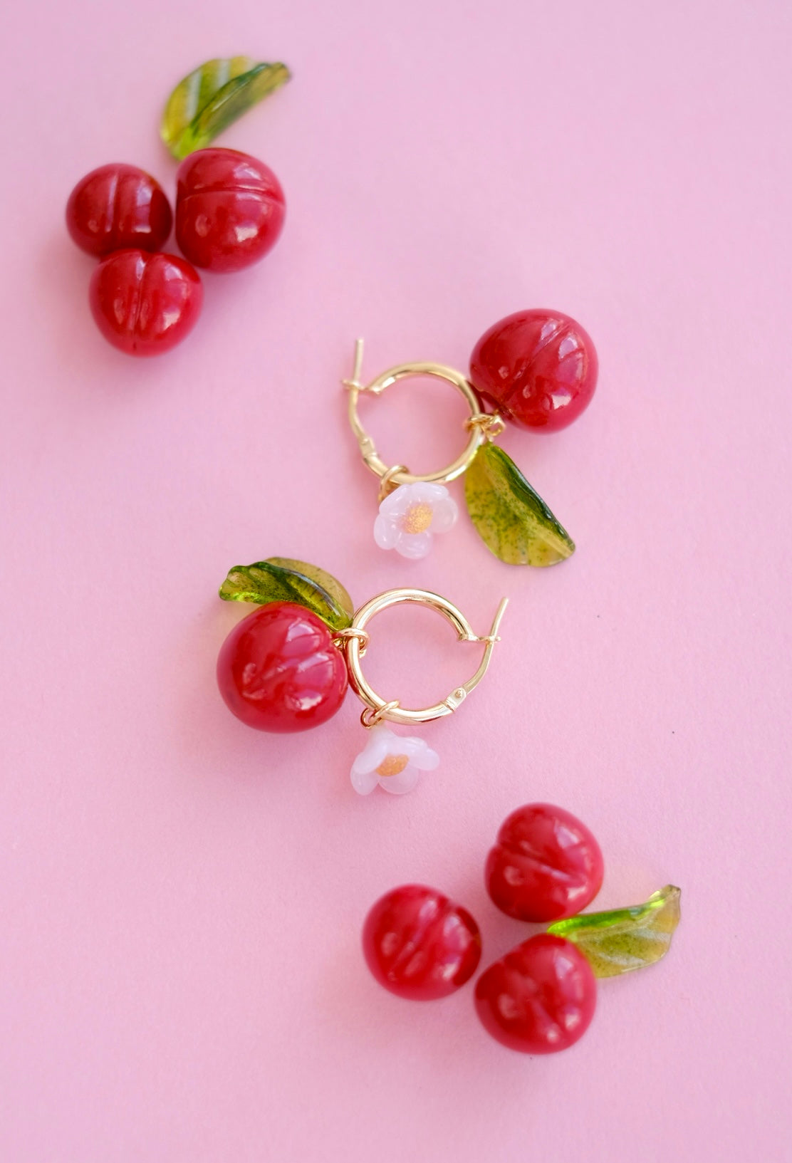 Lampwork glass cherry hoop earrings