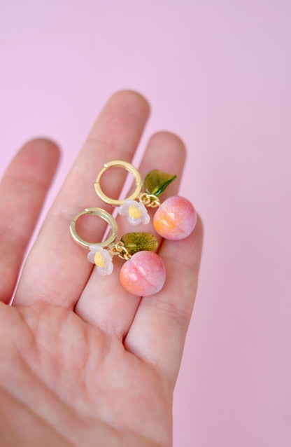 Lampwork glass peach hoop earrings