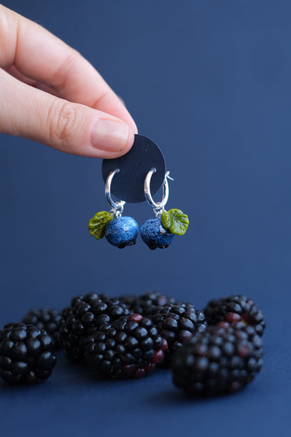 Lampwork glass blueberry hoop earrings