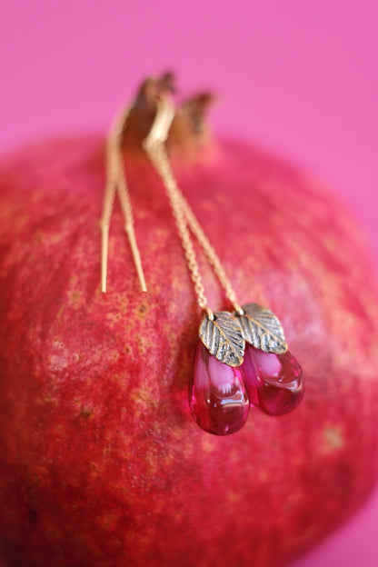 Lampwork murano glass pomegranate seed chain earrings (pink glass)