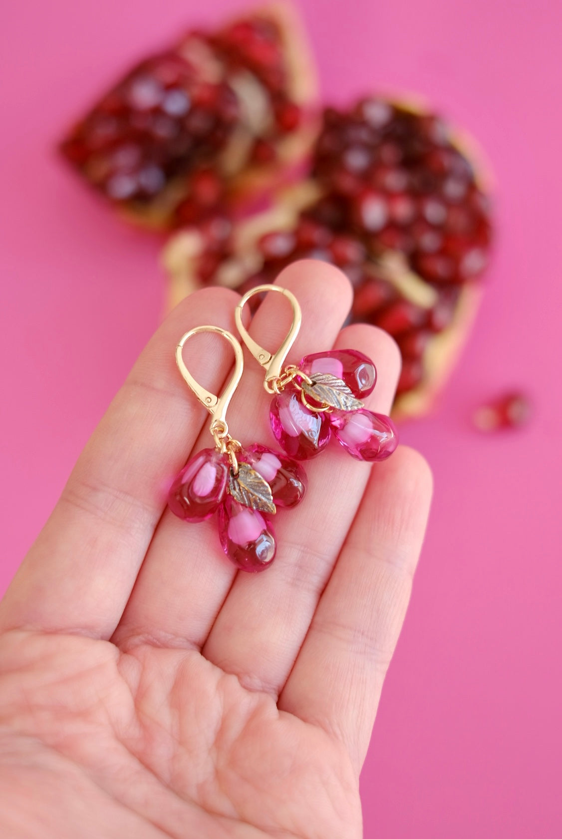 Lampwork murano glass pomegranate seed earrings (pink glass)