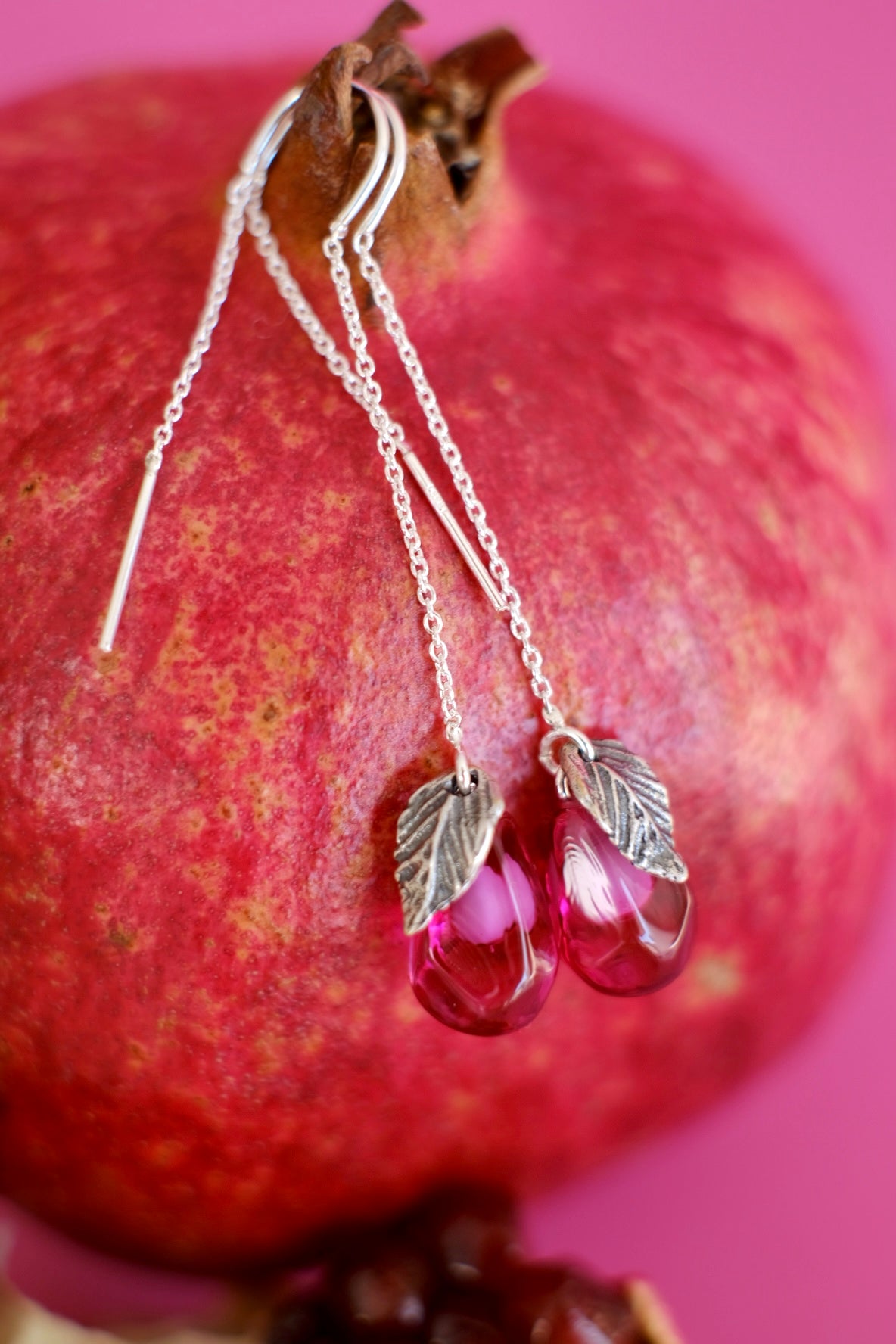 Lampwork murano glass pomegranate seed chain earrings (pink glass)