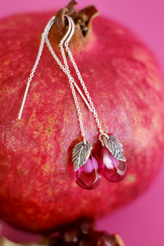 Lampwork murano glass pomegranate seed chain earrings (pink glass)