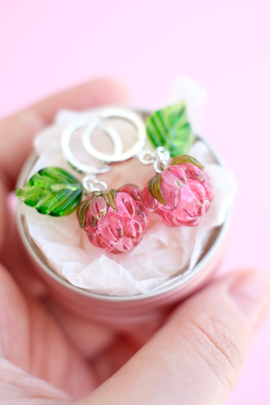 Murano glass pink raspberry hoop earrings
