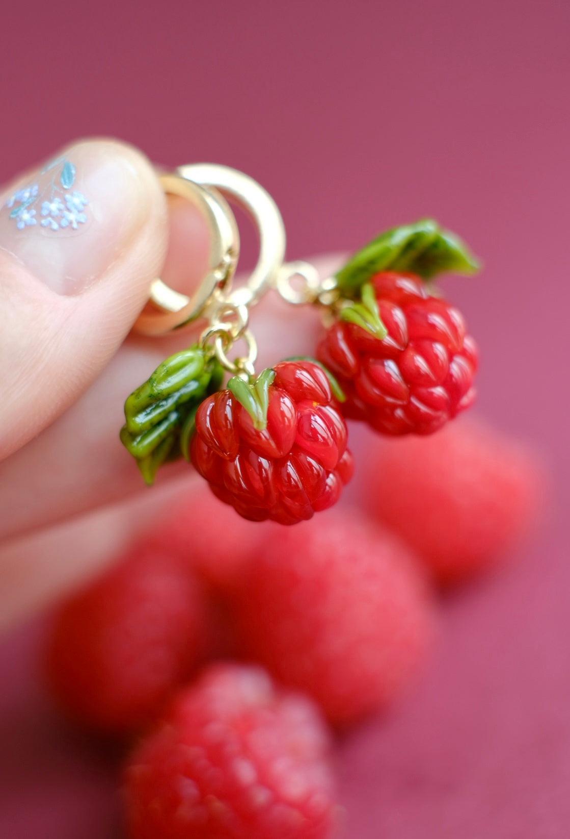Murano glass raspberry hoop earrings