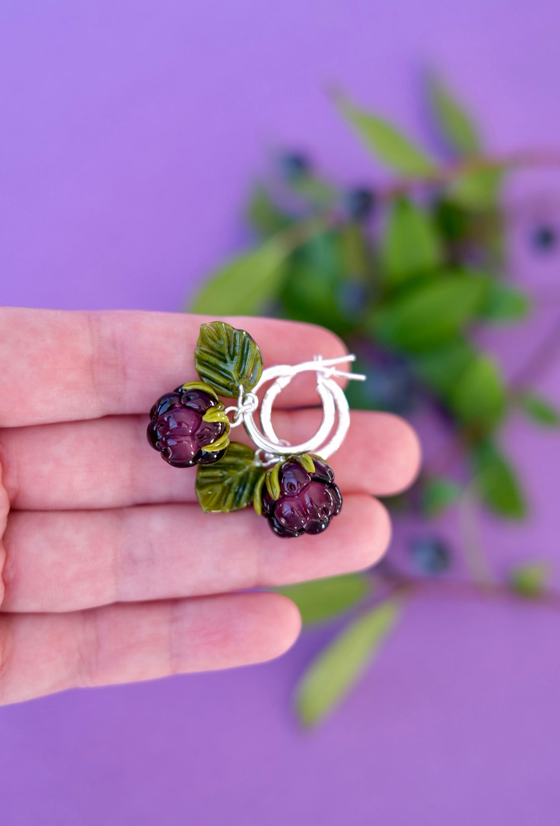 Lampwork glass Blackberry hoop earrings