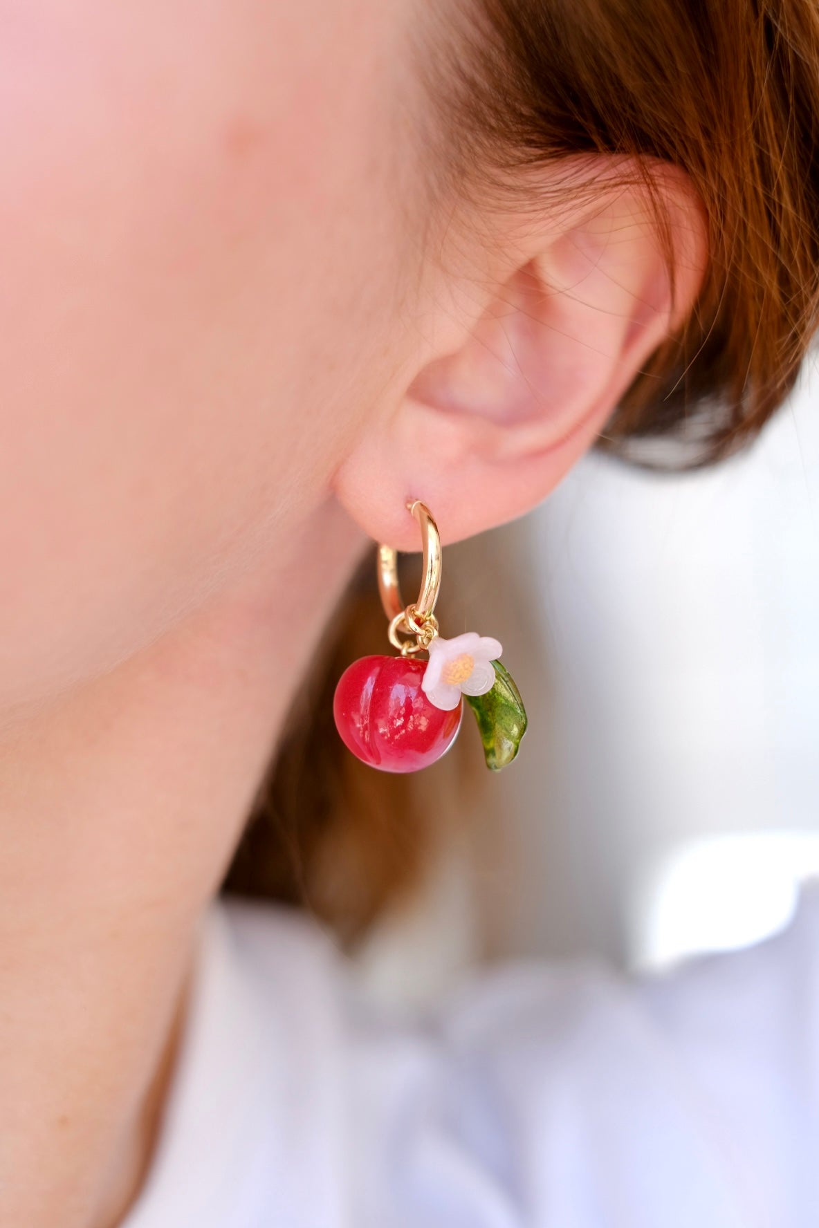 Lampwork glass cherry hoop earrings