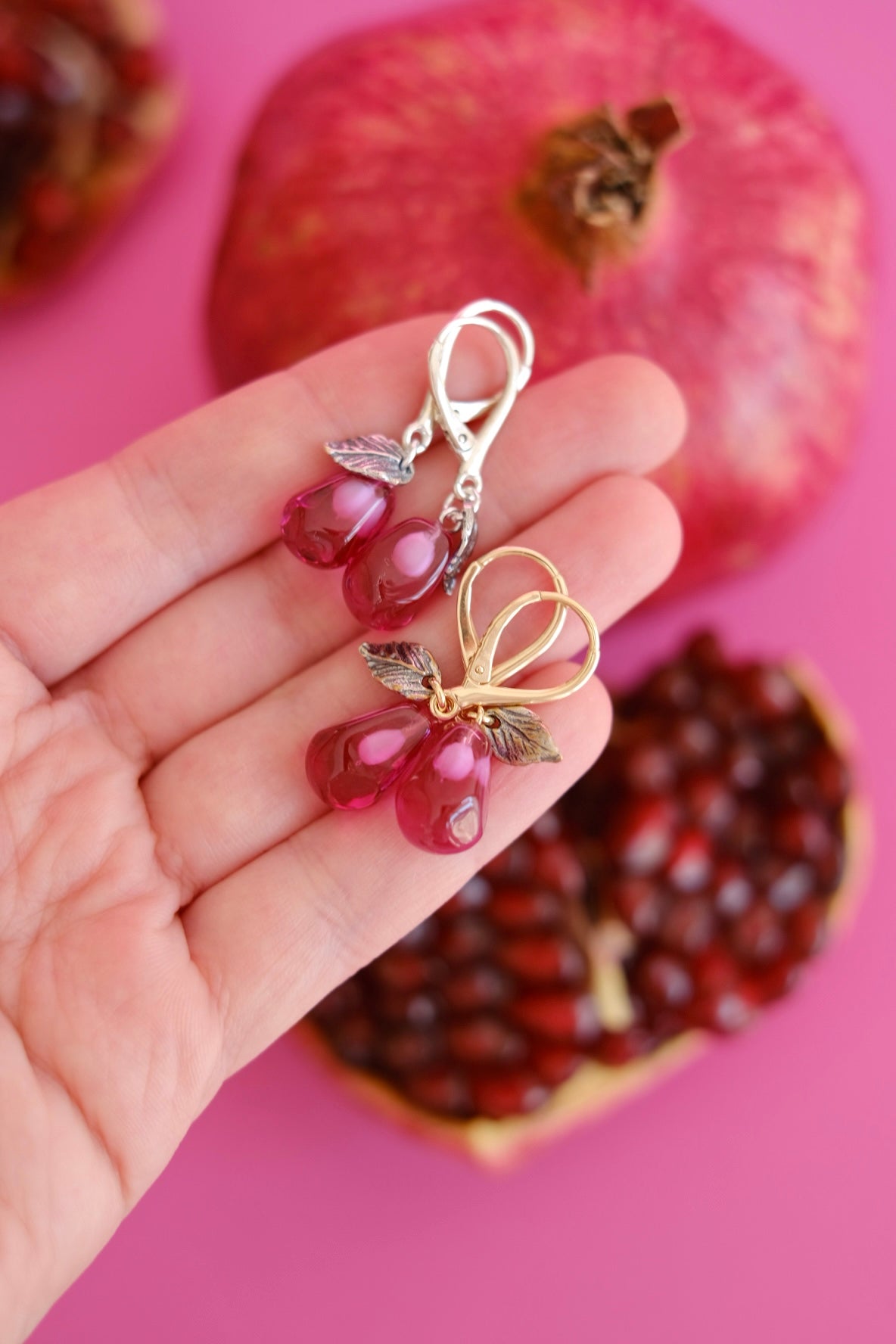 Lampwork murano glass pomegranate seed earrings (pink glass)