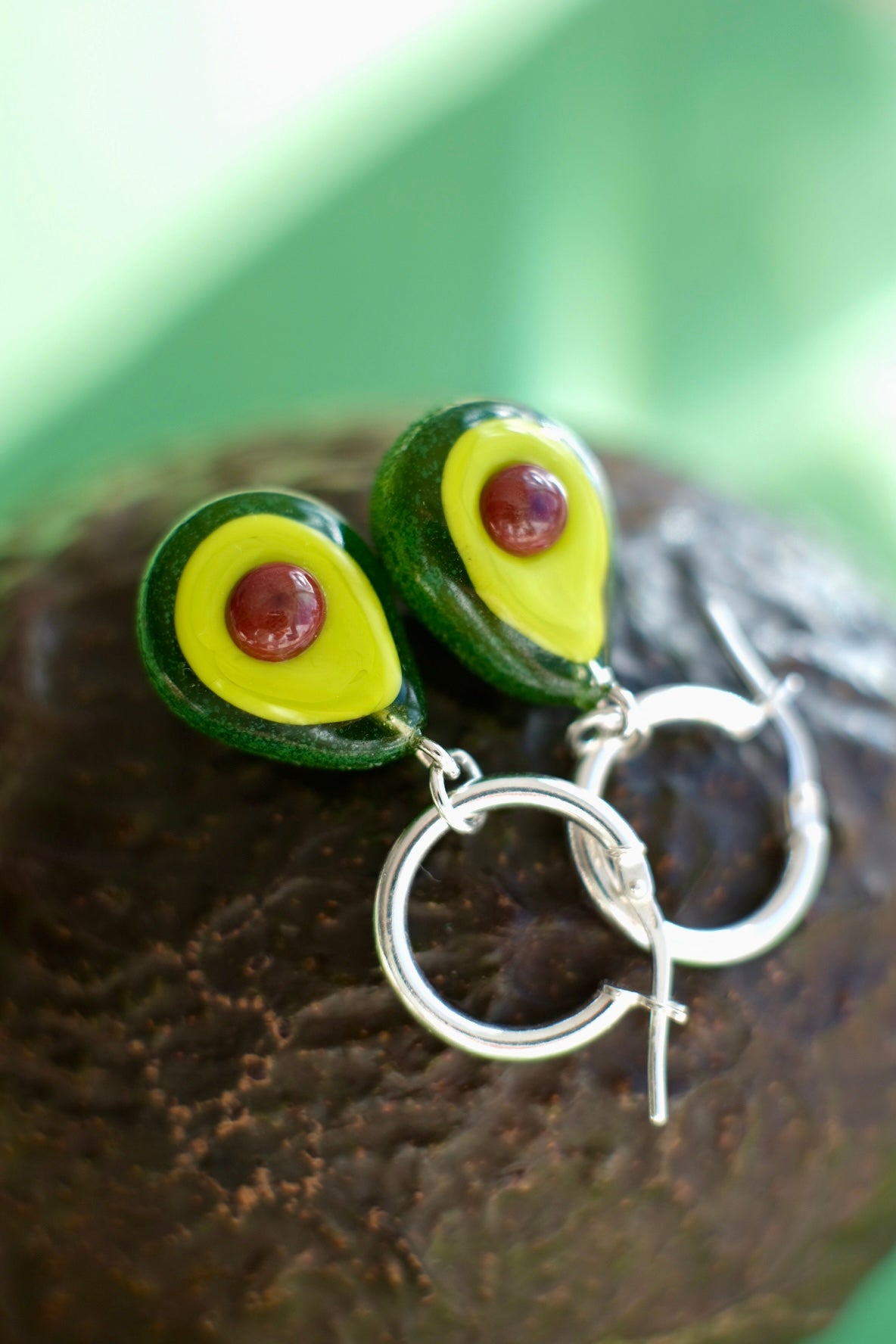 Lampwork glass Avocado hoop earrings