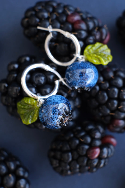 Lampwork glass blueberry hoop earrings