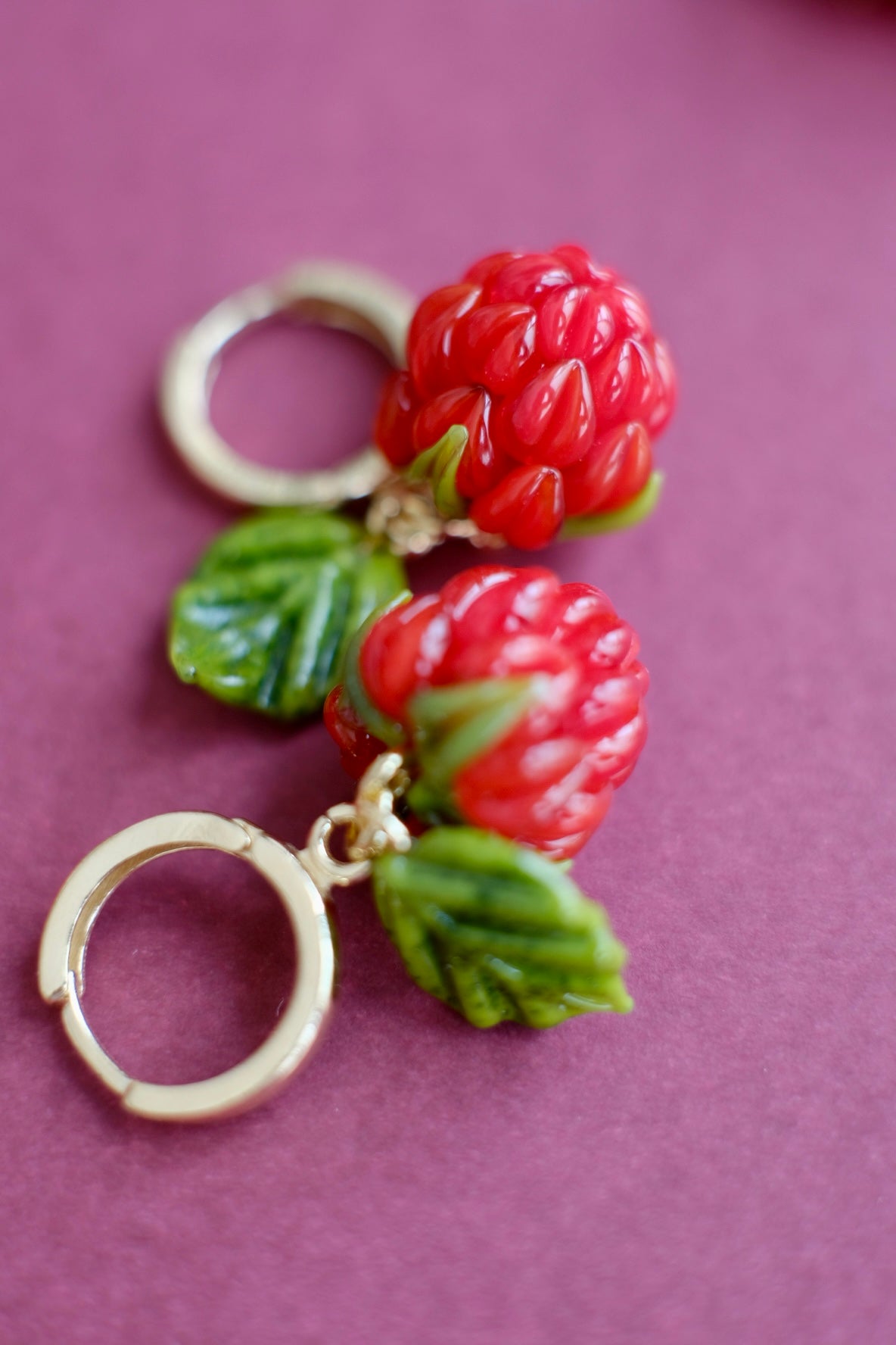 Murano glass raspberry hoop earrings