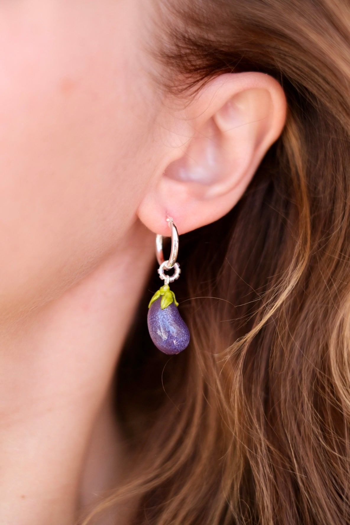 Lampwork glass eggplant hoop earrings