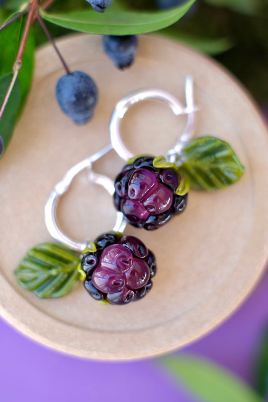 Lampwork glass Blackberry hoop earrings