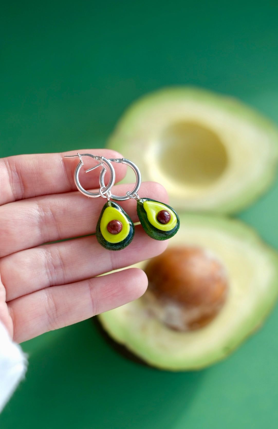 Lampwork glass Avocado hoop earrings