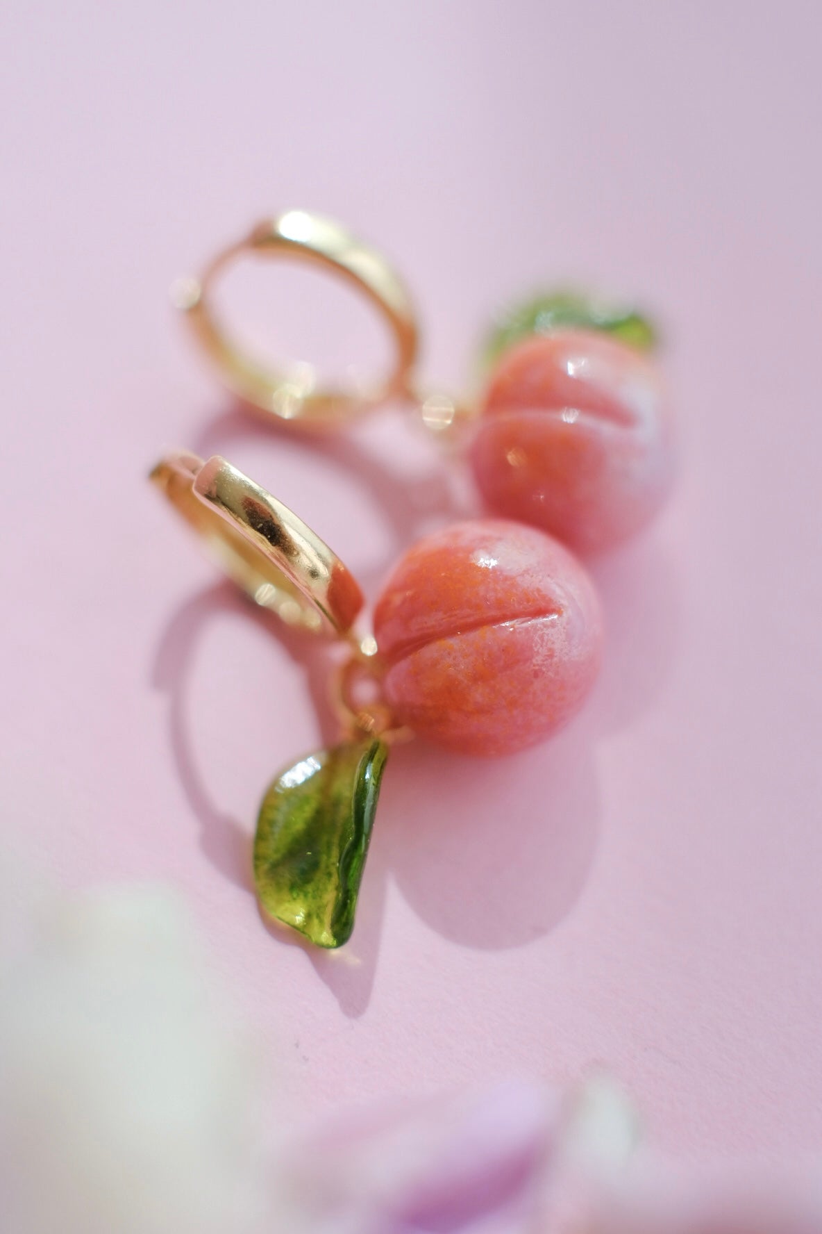 Lampwork glass peach hoop earrings