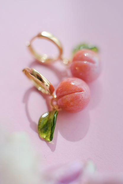Lampwork glass peach hoop earrings