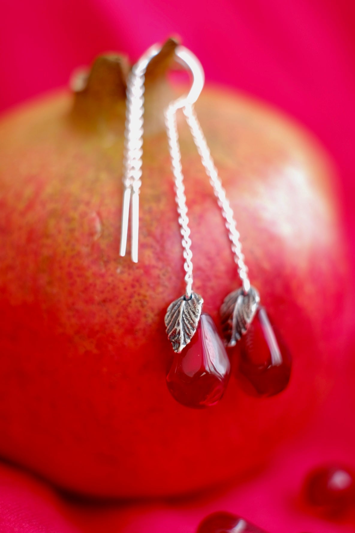 Lampwork murano glass pomegranate seed chain earrings
