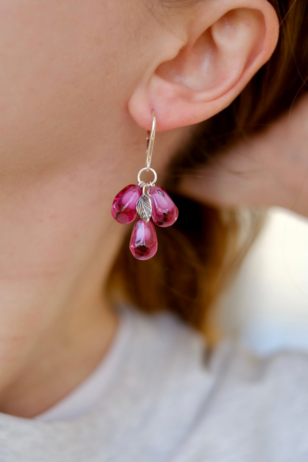Lampwork murano glass pomegranate seed earrings (pink glass)