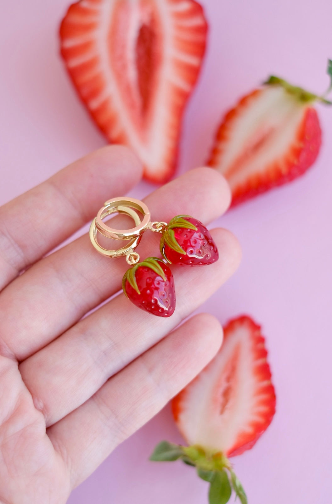 Lampwork glass strawberry hoop earrings