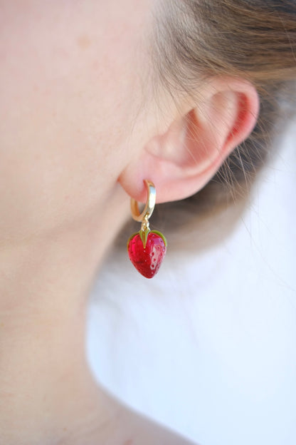 Lampwork glass strawberry hoop earrings