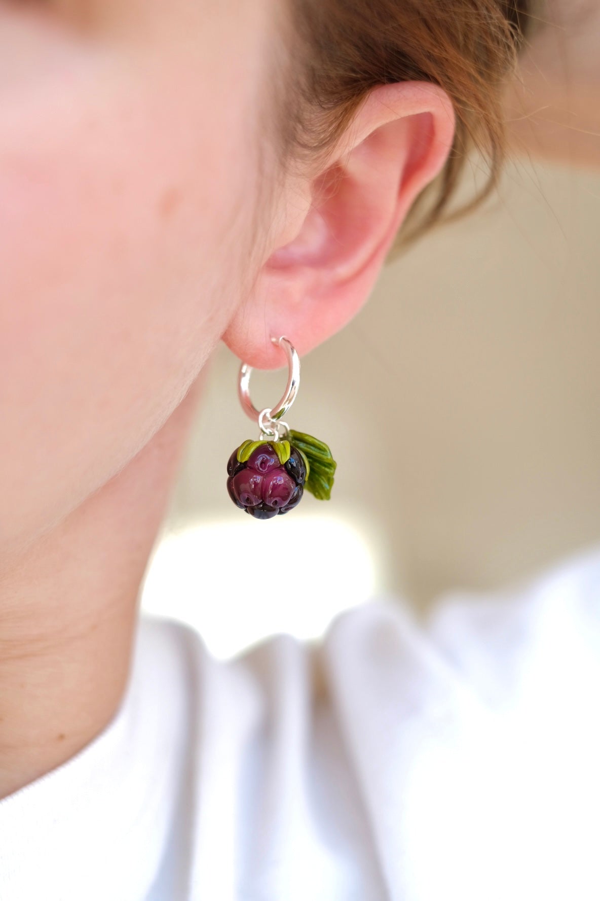 Lampwork glass Blackberry hoop earrings