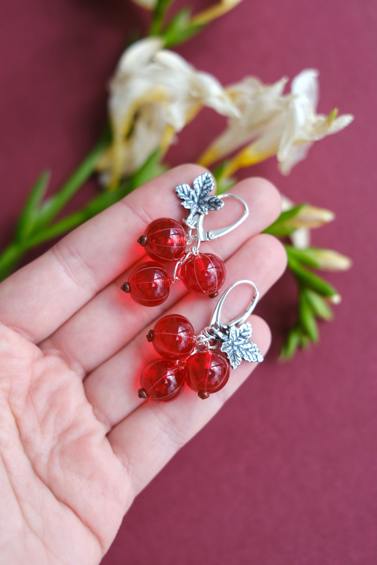 Murano glass red currant glass earrings