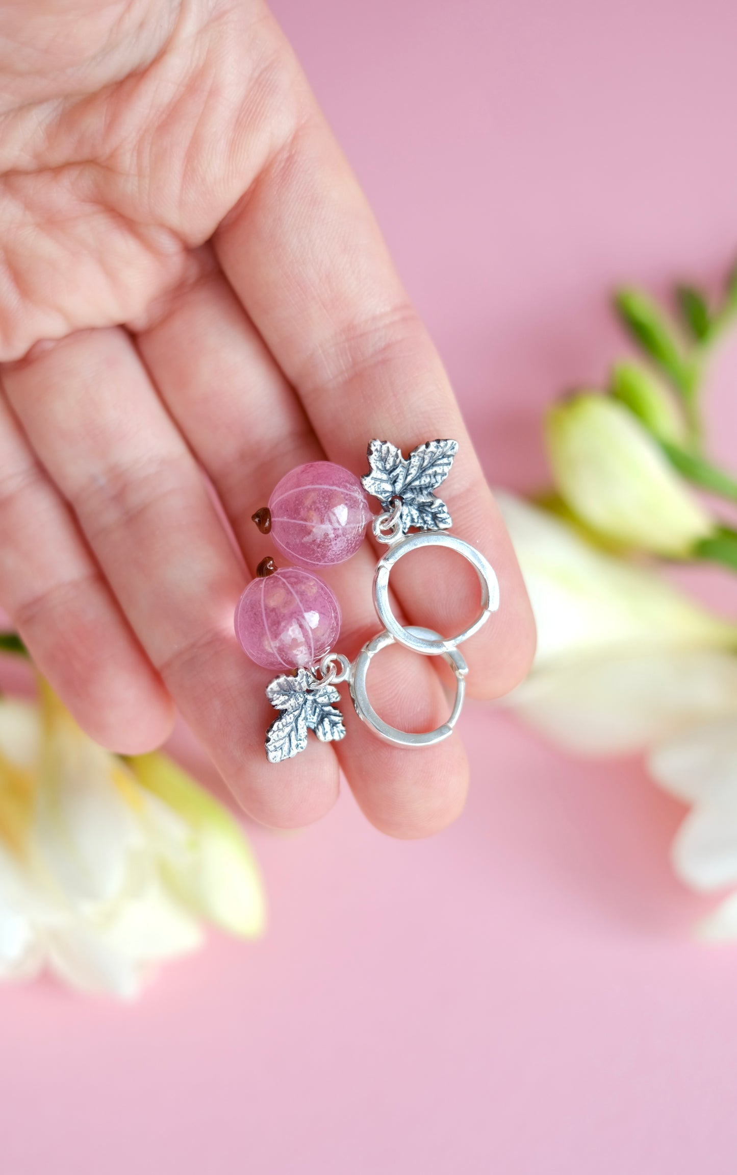 Murano glass pink currant glass hoop earrings