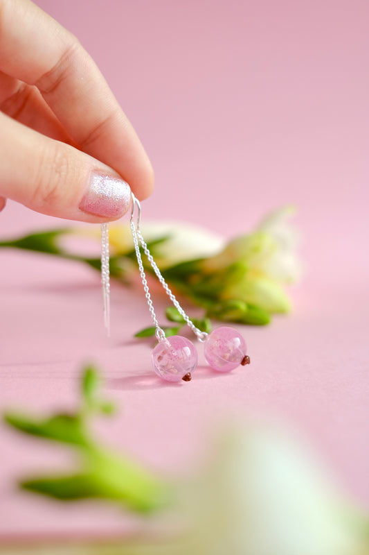 Murano glass Pink currant lampwork glass chain earrings;