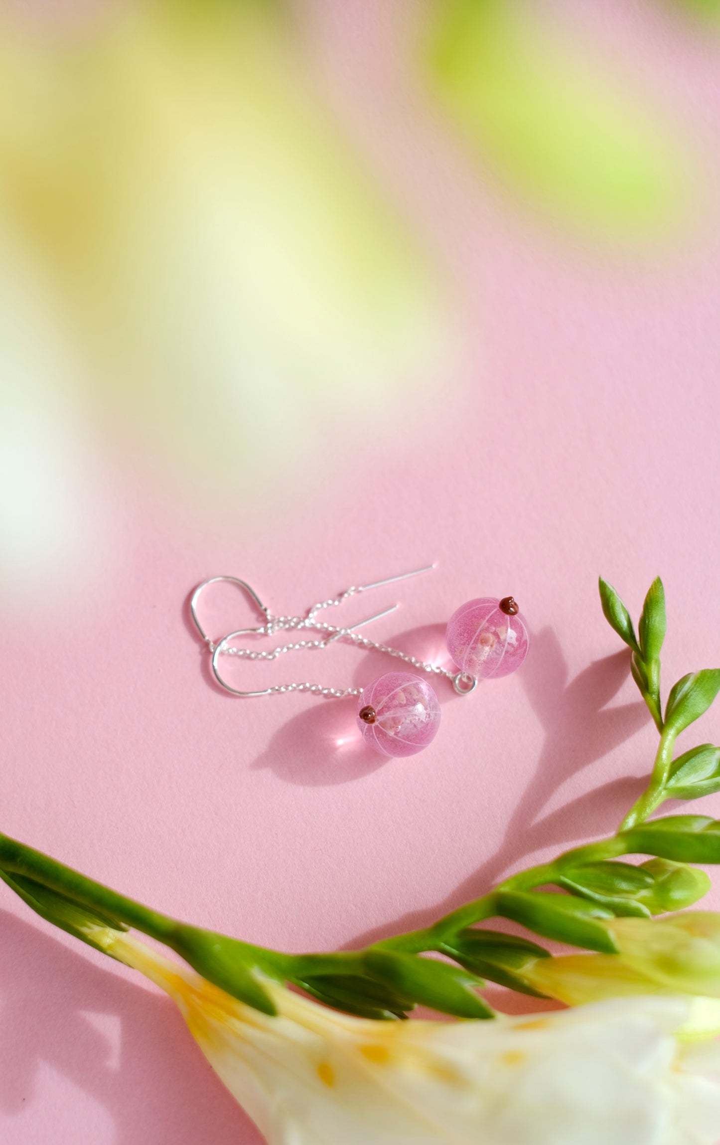 Murano glass Pink currant lampwork glass chain earrings;