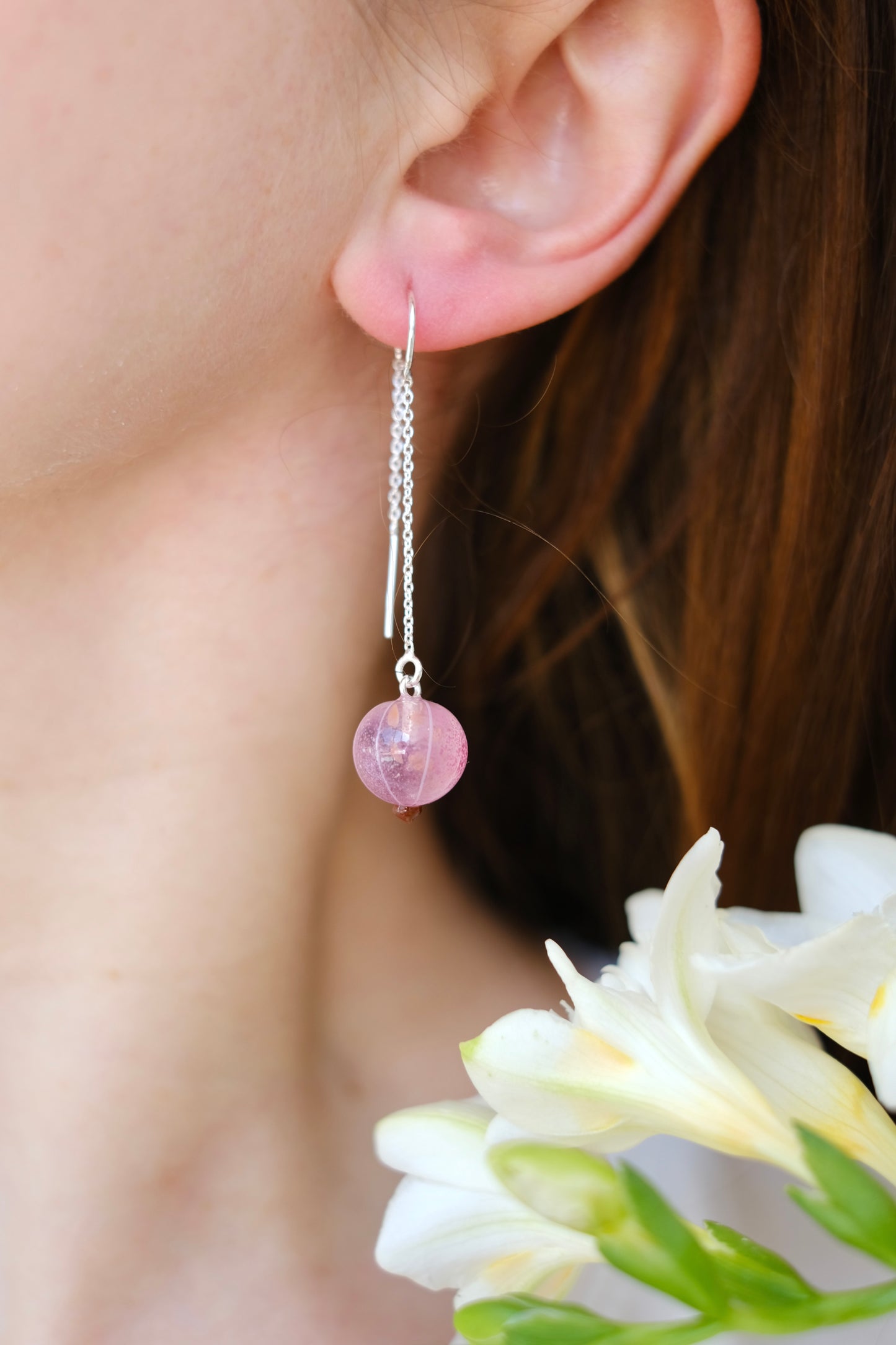 Murano glass Pink currant lampwork glass chain earrings;