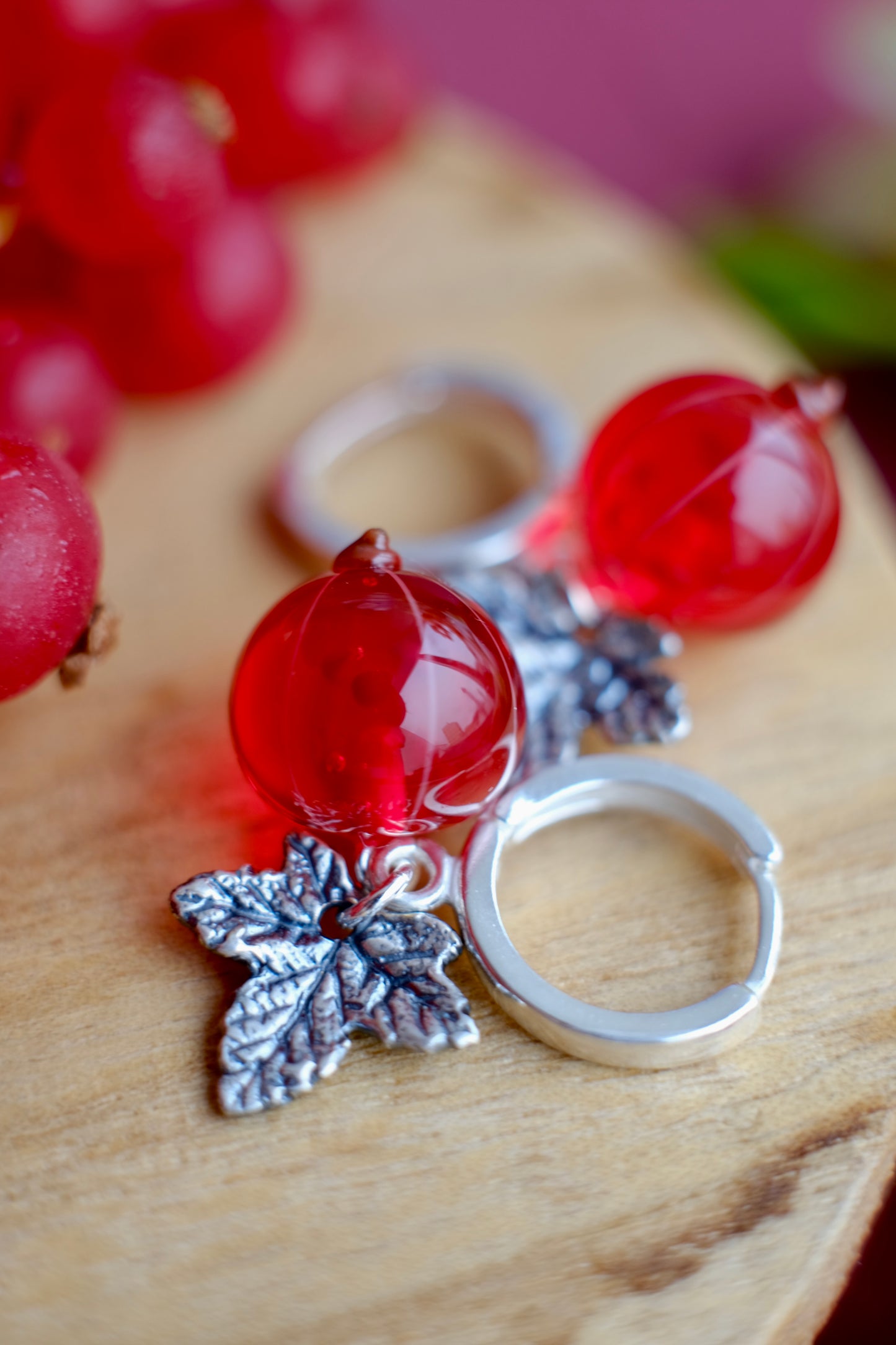 Murano glass red currant glass hoop earrings