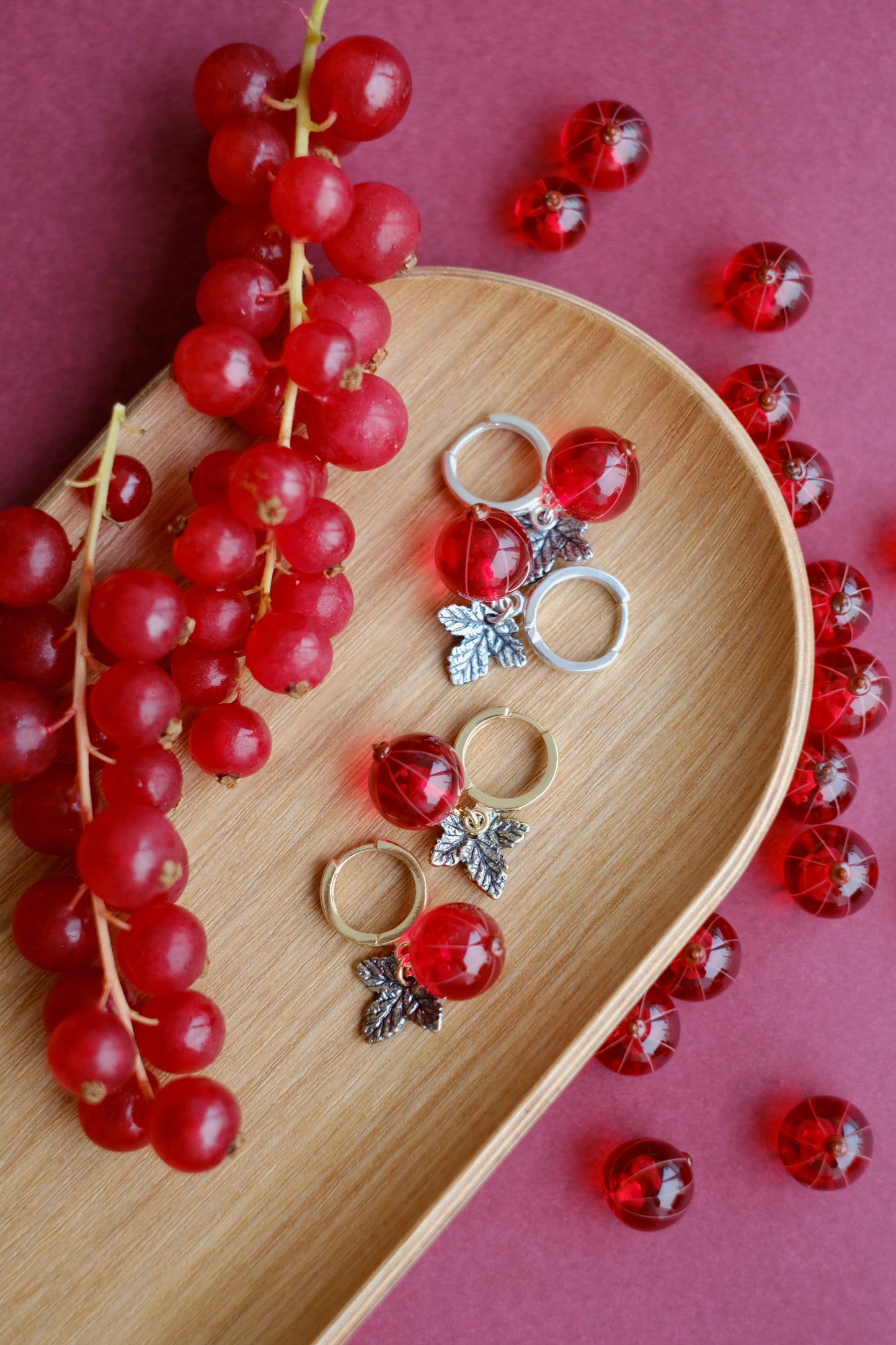 Murano glass red currant glass hoop earrings